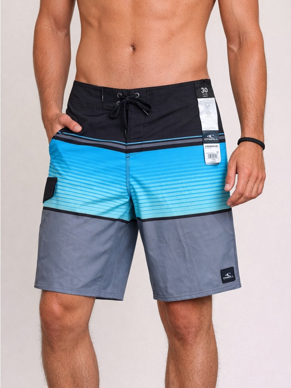 O’Neill Hyperfreak Board Shorts Men’s Size 30 Blue Gray Striped Surf Swim Trunks